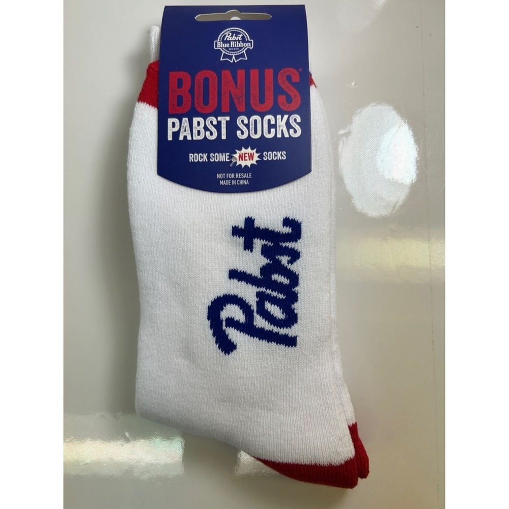 Pabst Blue Ribbon White Athletic Socks with Red Toe and Blue Stripes